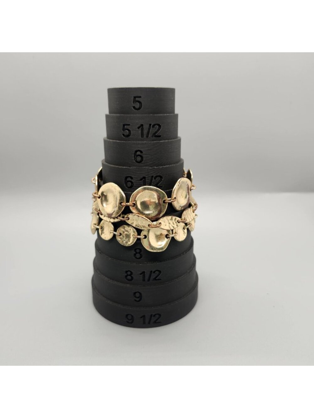 Gold-Tone Hammered Disc Bracelet With Textured Links & Dangling Charm - Fits Siz